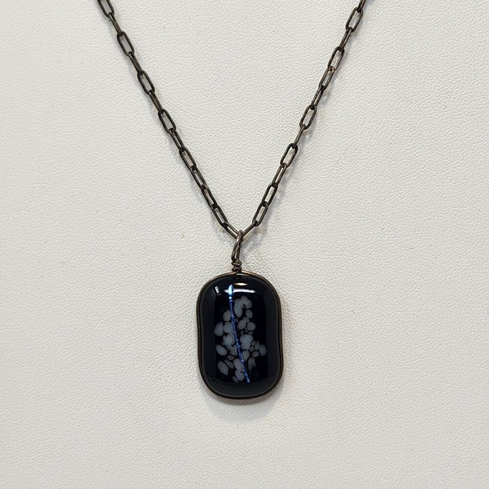 Black Fused Dichroic Floral Glass Pendant Chain Necklace Silver Tone Vintage